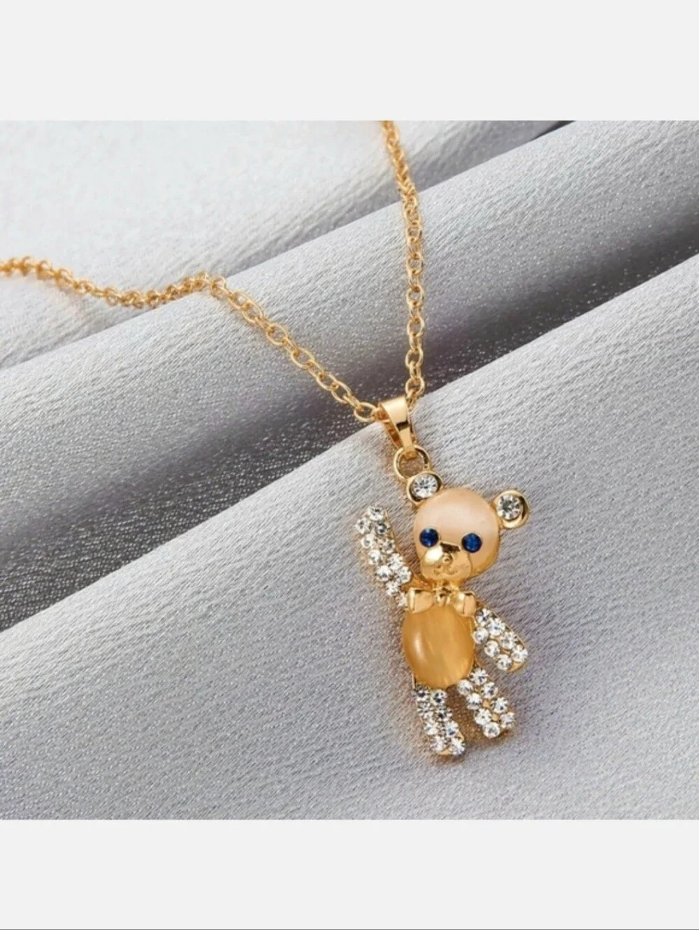 Gold Teddy Bear Cats Eye Gemstone Rhinestone Necklace Necklaces